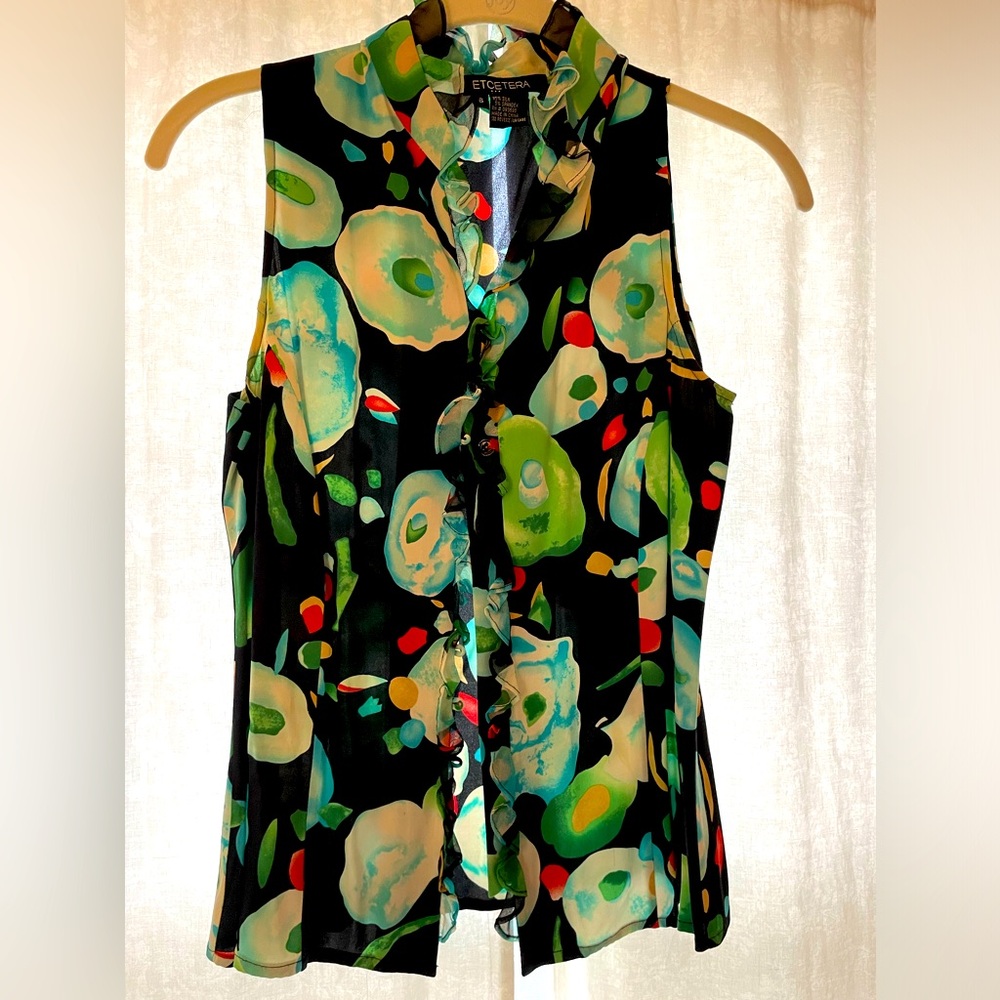Etcetera Silk Blouse with ruffle button closure. True Vintage.